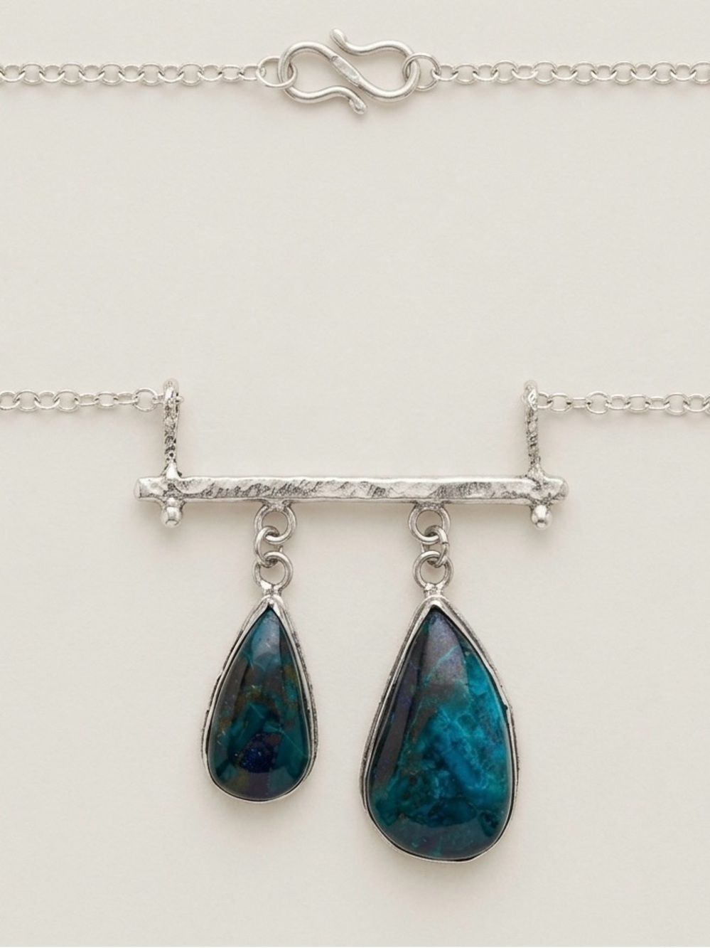 Silver Bar Necklace with Blue Teardrop Stones